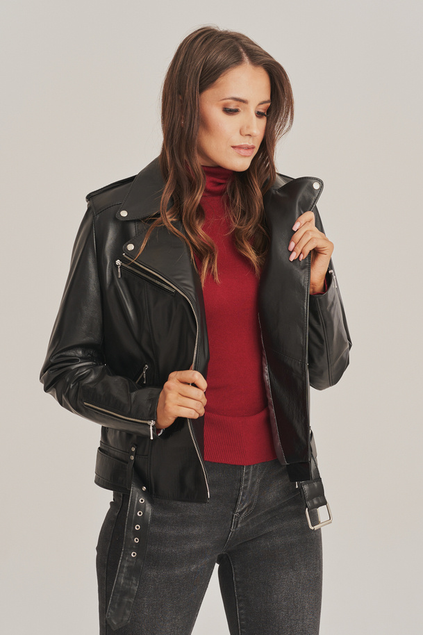 Černá krátka dámská kožená bunda na zip - 100% jehněčí kůže - Model: Vivianne